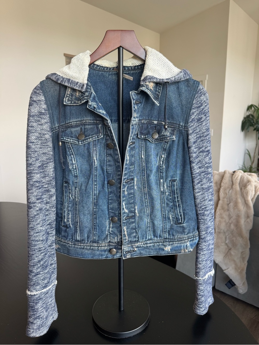 Vintage Free People Denim Hooded Jacket with Blue Knit Sleeves